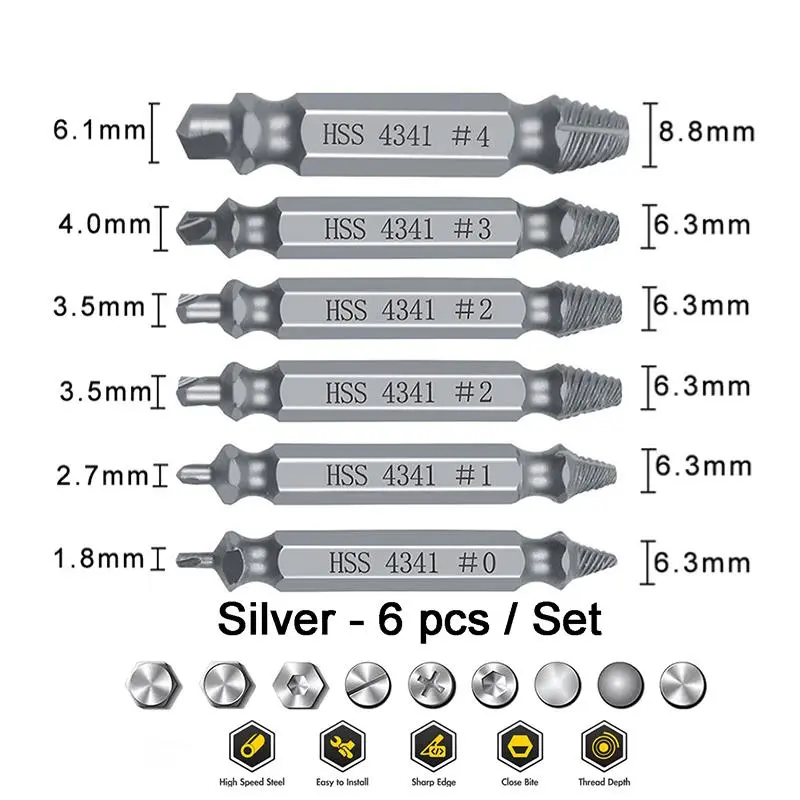 【DealsForYouDays】Stripped Broken Screw Remover,6 Counts Set Easy Out Bolt Extractor, Damaged Screw Extractor Set,Double Head Extraction Design Extractor Head,Household Repair Tools, Power Tool Accessories, Screwdriver Bit Clip.