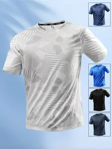 1 PC Men's Summer Breathable T-shirt, fashionable geometric pattern printed mesh fabric short-sleeved T-shirt, lightweight and elastic casual sports T-shirt, suitable for outdoor sports, running, fitness, and training