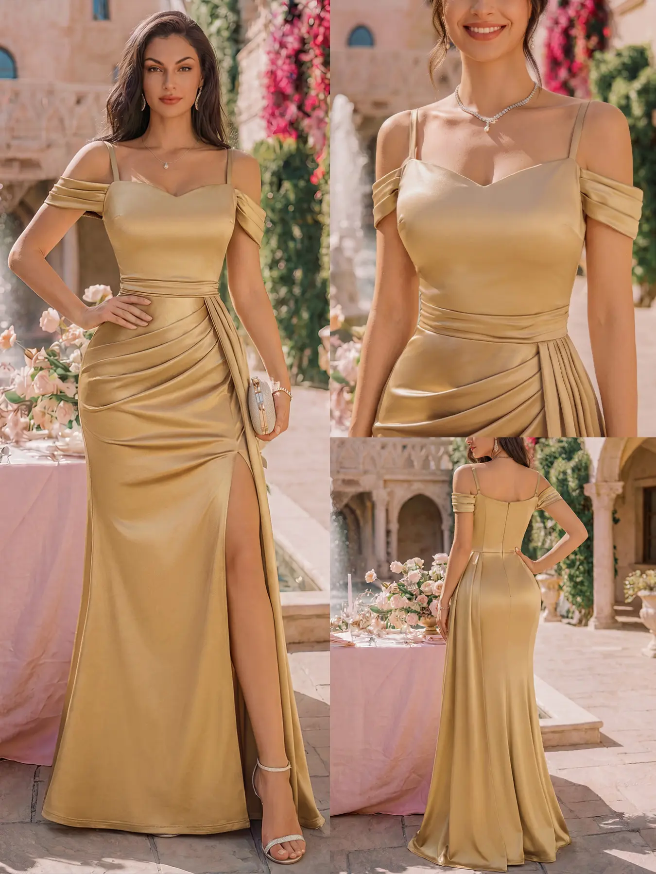 MIUSOL 55943B Satin Off-Shoulder Spaghetti Fitted Waist Draped Ruched Side Split Thigh Maxi Dress，Elegant Style Ball Cocktail Evening Party Gown, Perfect for Wedding Guests, Graduation, Formal Events