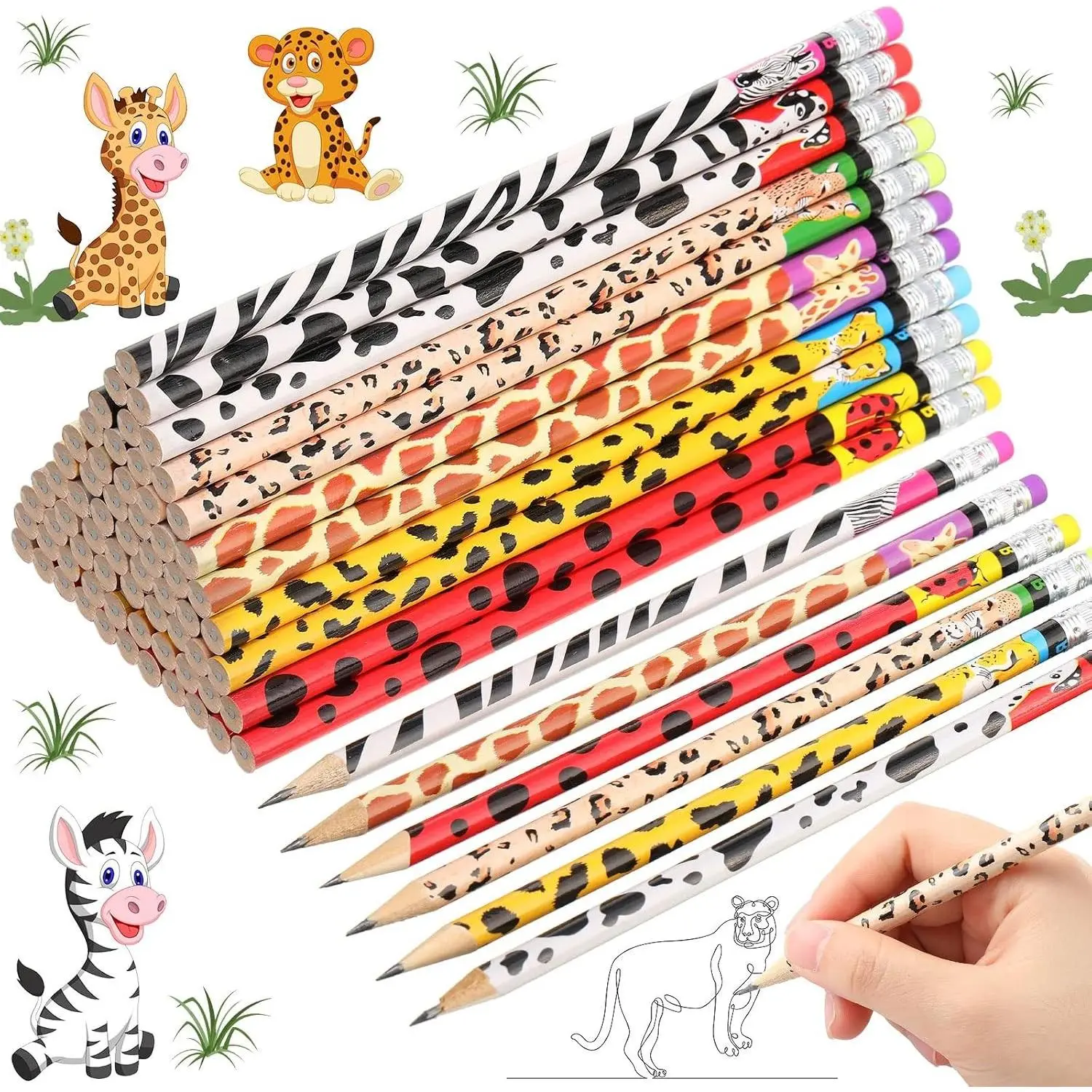 72 Pcs Jungle Safari Pencil Wild Animal Cheetah Print School Supply Leopard Zebra Giraffe Patterns, Wooden, Stationary Bulk, Back to School Reward Gifts, Student, Teachers, Party Favor Supplies