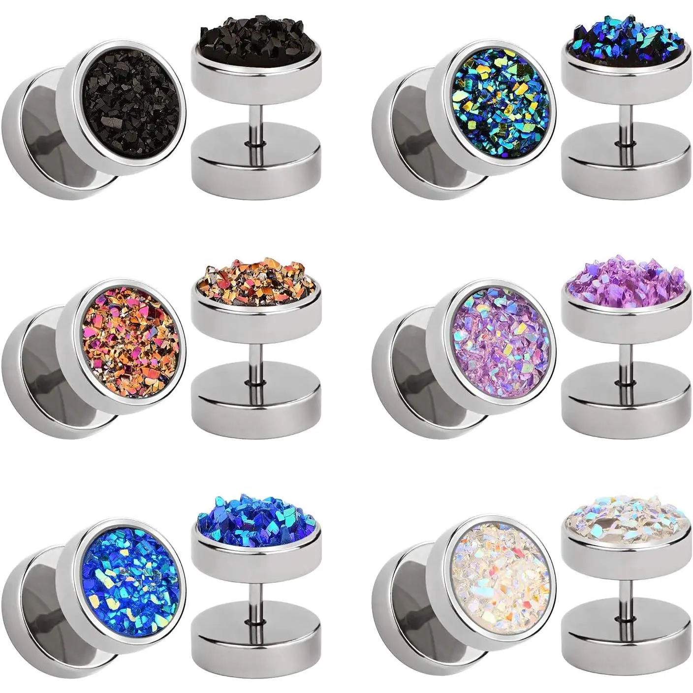 Gauge Round Stud Earrings Stainless Steel Druzy Studs Earrings Set for Women Mens Girls Faux  Cheater Ear Plugs Gauge Punk Style