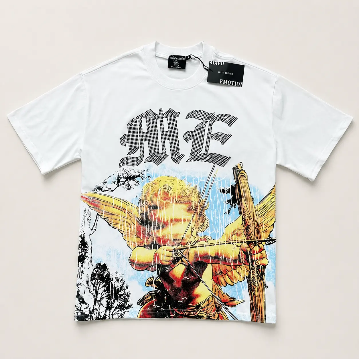 Men's 2026 Mixed Emotion Rhinestone Embroidery Streetwear Tee - Oversized Angel Graphic Breathable Cotton Menswear, Casual Round Neck Shortsleeve Urban Hip-Hop Gothic Artistic Print Loose Fit Sports Top