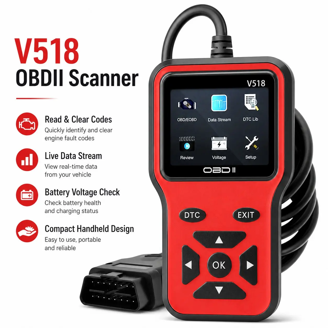 V518 Obd2 Scanner, Car Check Engine Code Reader, Live Data Stream, With Dtc Library, Battery Voltage Check, Color Screen, Plug-And-Play