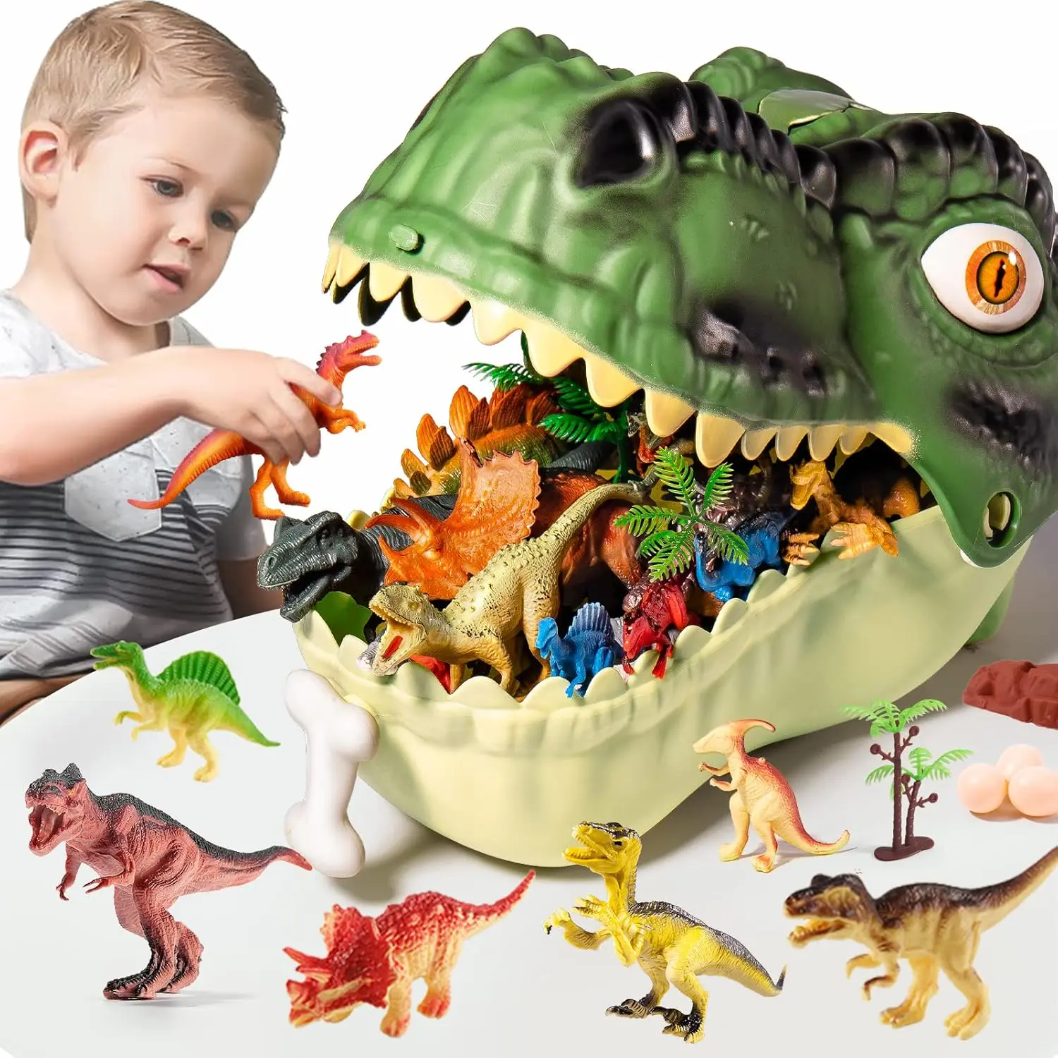 45PCS Realistic Jurassic Dinosaur Toys for Kids 3-5, Educational Action Figure Playset with Eggs, Trees, Rocks, Fence, 6x5.5in, 12x3in & 11.4x7.1x7.1in Pieces, Great Gift for Toddlers Boys & Girls, 6*5.5 Inch