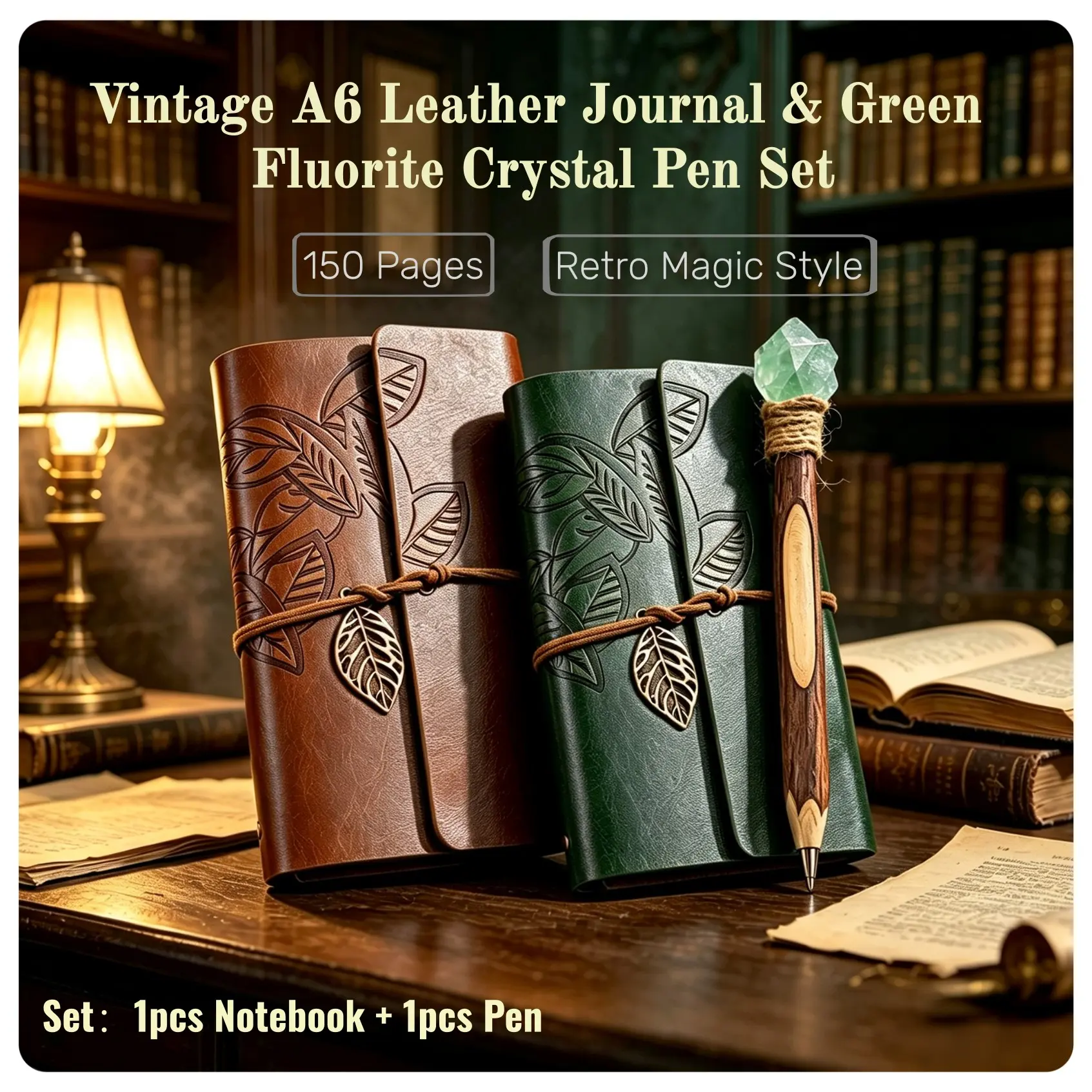 150-Page Vintage A6 Leather Journal & Fluorite Crystal Pen Set, Tri-Fold Refillable Binder, Refillable Feature, Ideal for Students, Writing, Sketching, Travel, Gift