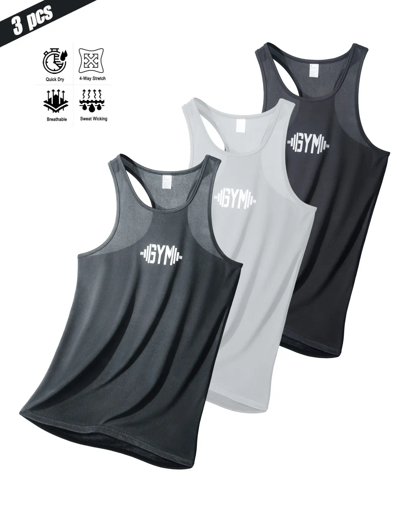 3-Pack Men's Sleeveless Sport Vest, Reflective Gym Training Top, Quick-Dry Mesh Polyester, Ideal for Weightlifting, Running, Basketball, Summer Beachwear