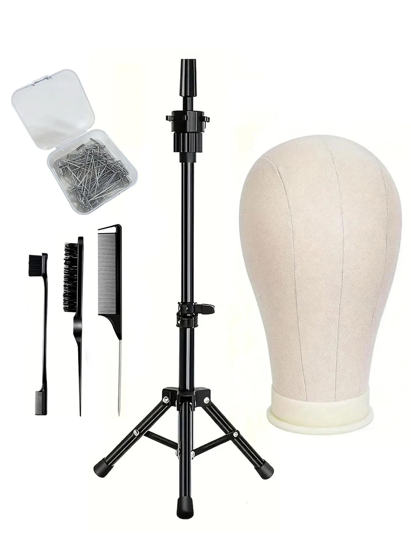 Wig Head Wearing doll heads with wig stands and tripods for wig styling practice and wig making demonstrations. The canvas doll head set includes a doll head model, tripod stand, T-pin set, and three piece brush set.