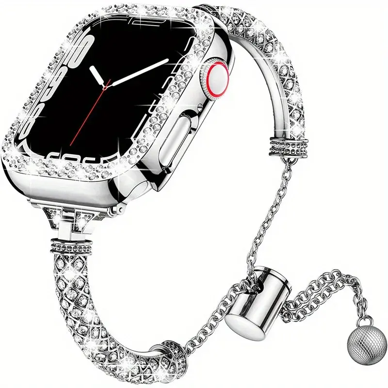 2 in 1 Bling Metal Watch Band Strap+Diamond Protective Case Cover For Apple Watch Ultra 3 2 1 Series 11 10 9 8 7 6 5 4 3 2 1 SE 3/2/1 Bracelet iWatch 38/40/41/42/44/45/46/49mm Luxury Diamond Band Metal Stainless Steel Belt