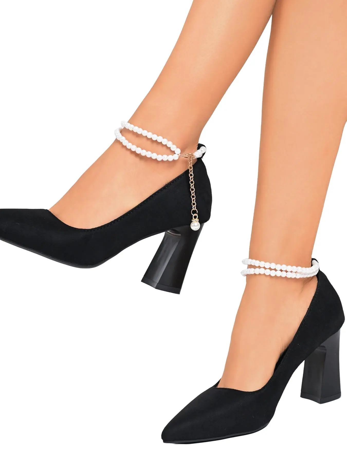 French Style Elegant Pointed Toe Single Shoe for Women, Dual Layer Pearl Anklet Thick Heel Bridesmaid High Heeled Shoes