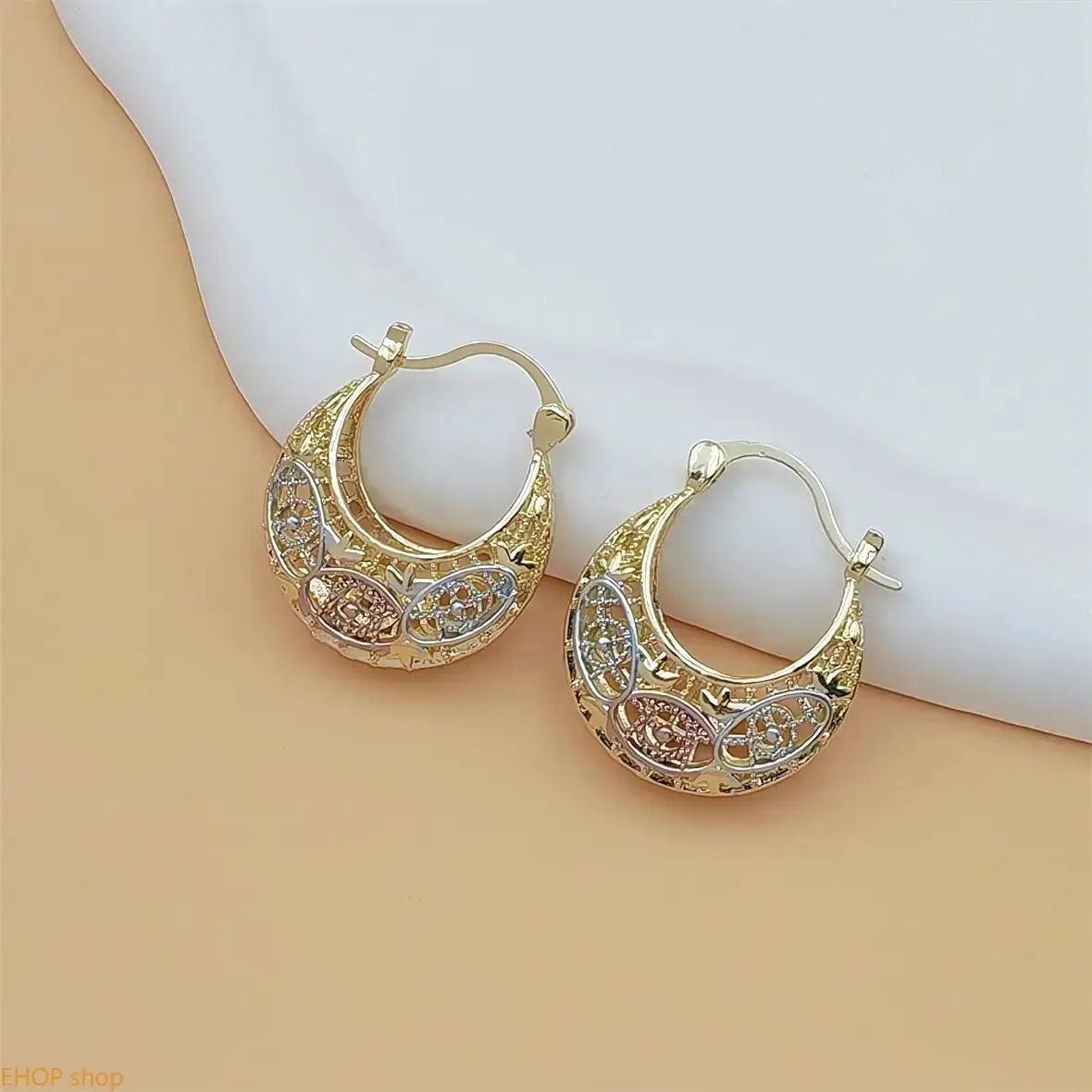 14K Gold Plated Tri-Color Evil Eye Hoop Earrings - Filigree Basket Style Protection Amulet Earrings, Hypoallergenic Jewelry for Women