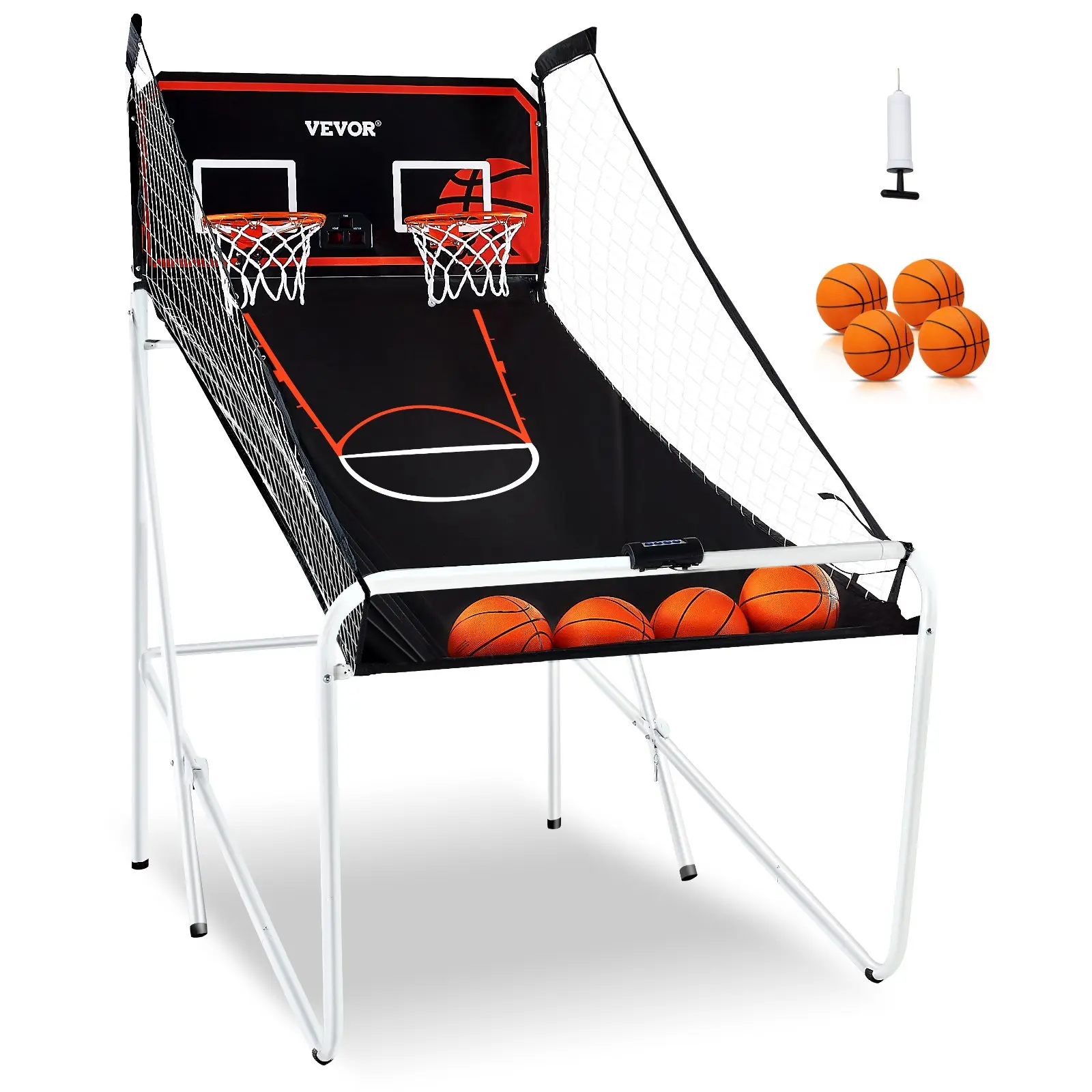 【Summerfinds】VEVOR Foldable Basketball Arcade Game, 2 Player Indoor Basketball Game, Home Dual Shot Sport with 4 Balls, 8 Game Modes, Electronic Scoreboard, and Inflation Pump, for Kids, Adults (Black & White)