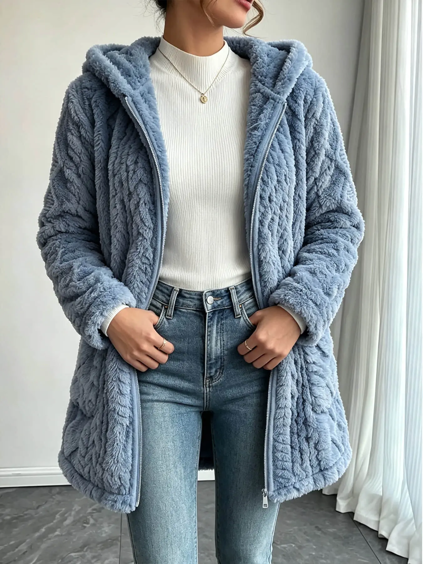 A women's fashionable and gentle loose zipper hooded plush jacket, a new autumn and winter style, suitable for city shopping, leisure stay at home, suburban travel, dating and dining. Casual