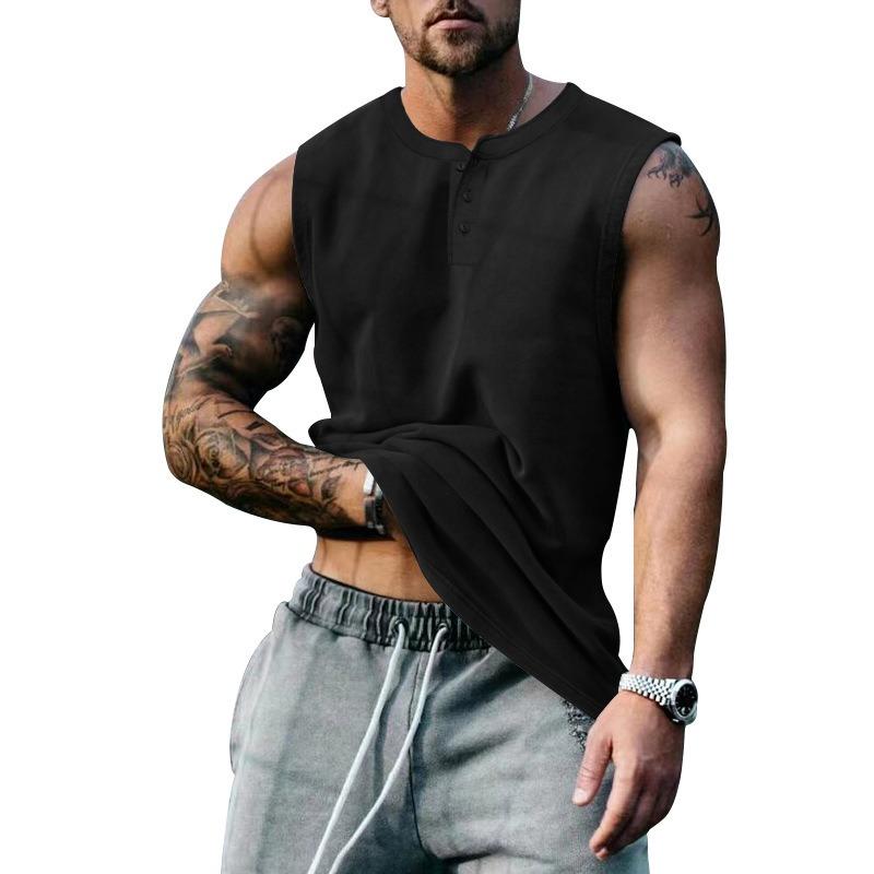 Summer Men's Sleeveless Wide Shoulder Vest,  Crew Neck, Slim Shoulder, Solid Color T-Shirt, Men's Back