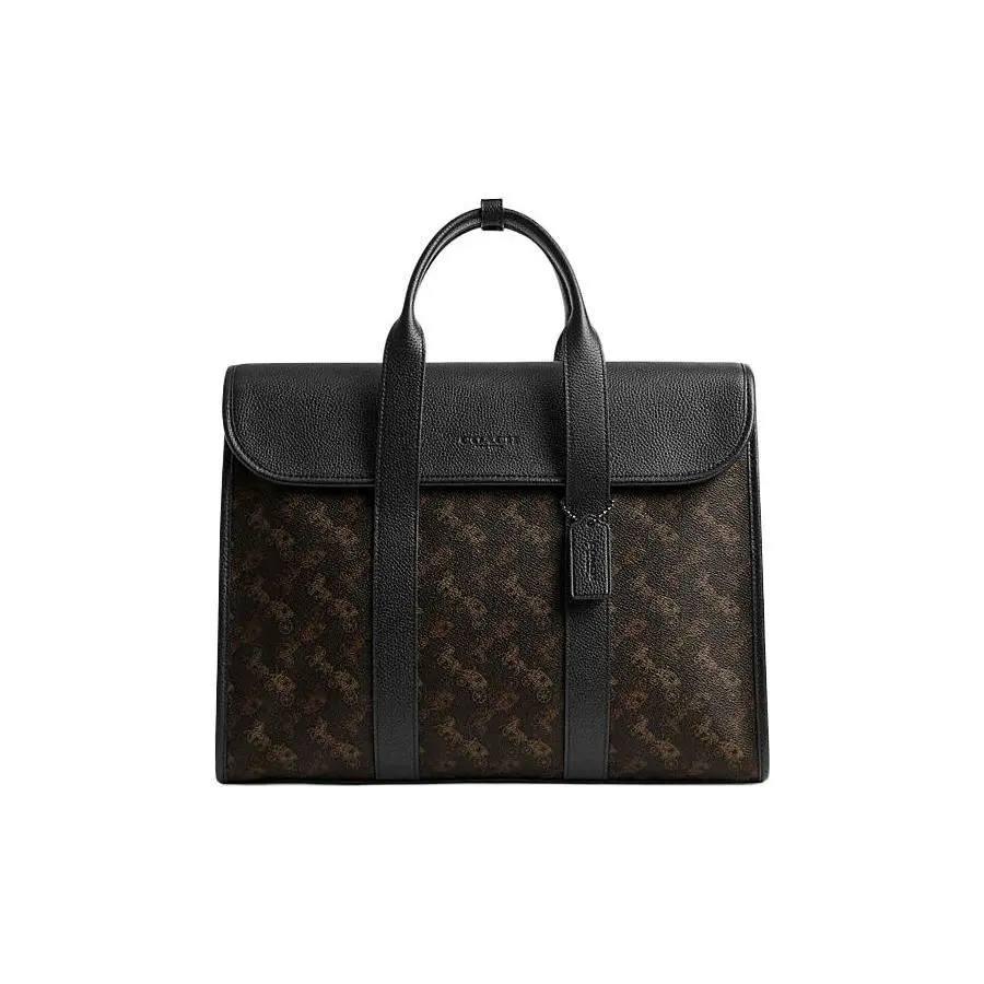 Coach Gotham 39 Textured Logo-Embossed Classic Carriage Monogram Large Polished Pebbled Snap-Front Canvas-and-Leather Briefcase for Men, Black