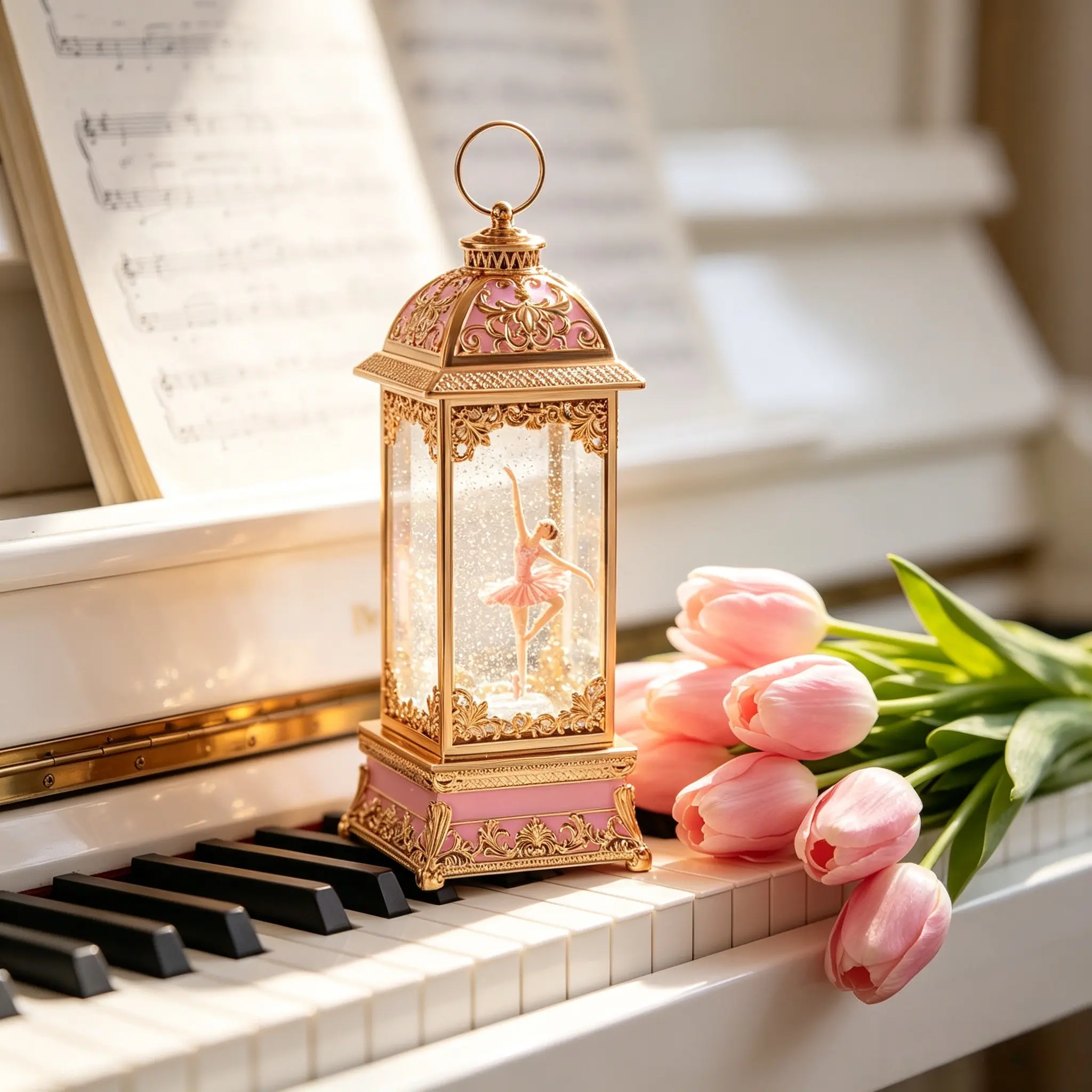 1PC Light Luxury Pink & Gold Ballerina Snow Globe Lantern Music Box, Rotating Magical Musical Box, The Ultimate Gift for All Women, Birthday Decor Ornament