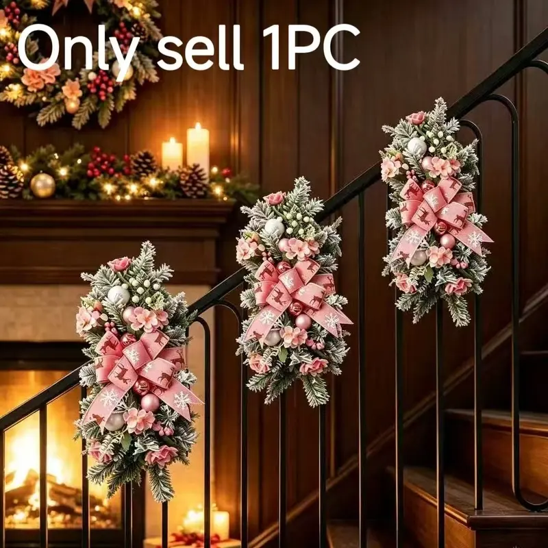 A pink or silver Christmas bow decoration with a rustic, pastoral style, suitable for repeated hanging and easy to store, ideal for home, rural settings, shops, stair railings, doors and windows, walls, and outdoor wedding backdrops.