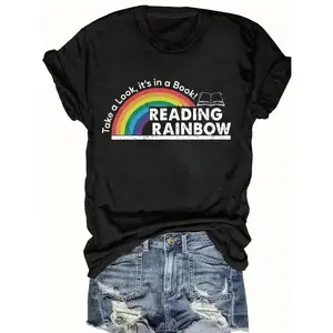 Women's Cotton Short-Sleeve Round Neck Streetwear Style Graphic Tee - Rainbow Print, Soft Breathable Fabric, Reading Lover Casual Summer Sports Top for Teachers