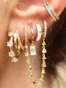6Pcs Luxury 24K Gold Plated Cubic Zirconia Dangle Earrings For Women White Zircon Hoop Earrings Set Fashion Jewelry