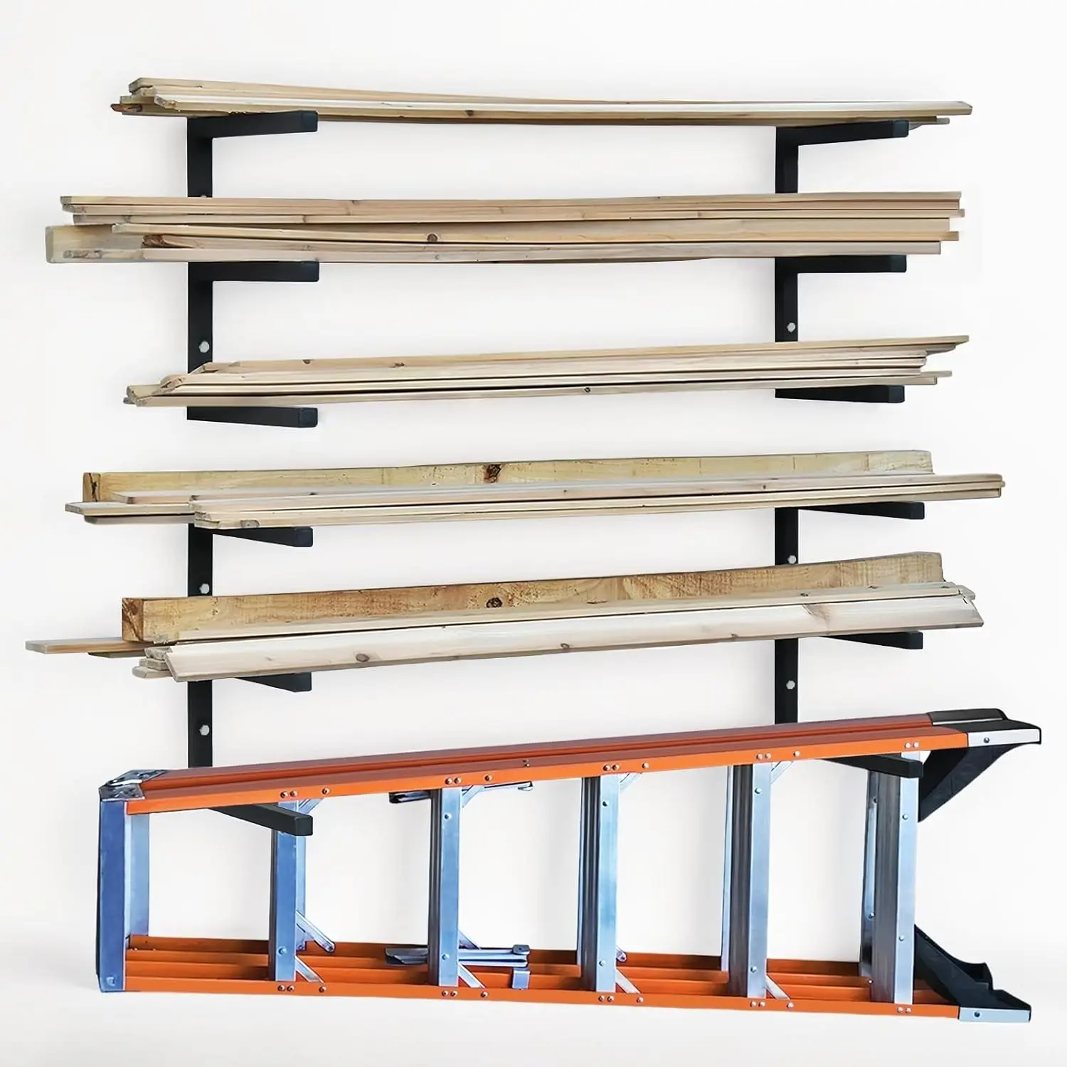 Storage Racks with 3 Level, Garage Organizer Lumber Storage Rack Wall Mounted, Workshop Organizers  Wall Shelving, Lumber Metal Racks for Garage, Basement, Indoor and Outdoor (Black-4 Pack)