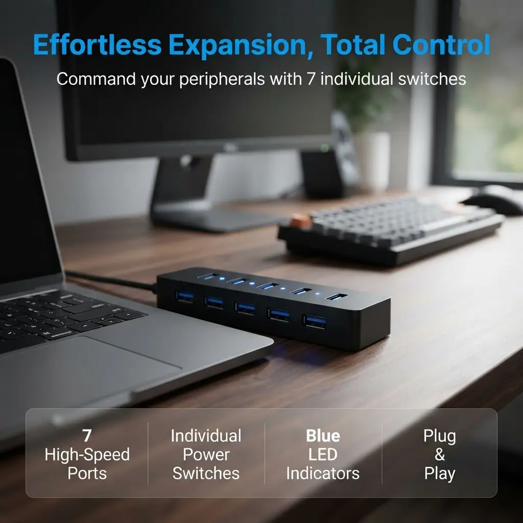 7‑Port USB Hub Expansion Splitter, Multi‑Port USB Adapter Equipped with Independent On‑Off Switches, 7‑Hole USB Splitter for Desktop PC, Laptop, Home and Office Multi‑Device Charging & Data Transmission