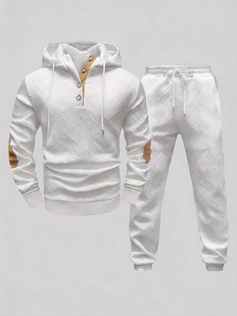 Men's 2-Piece Beige Tracksuit (Hoodie & Joggers) - Diamond Texture, Half-Button Placket (Brown Accent), Casual Stylish Outfit