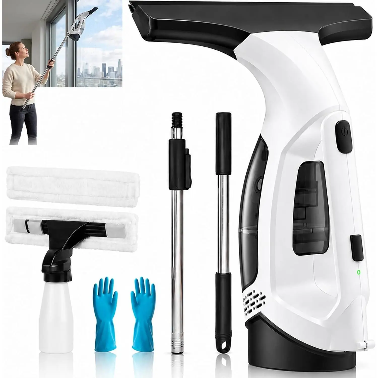 Window Vacuum  Cordless, Window Vacuum Cleaner with 2000Pa Streak-Free Suction, 30–40" Extension Pole, 11-Inch Cleaner Tool for High Windows, Shower Glass, Tiles & Mirrors