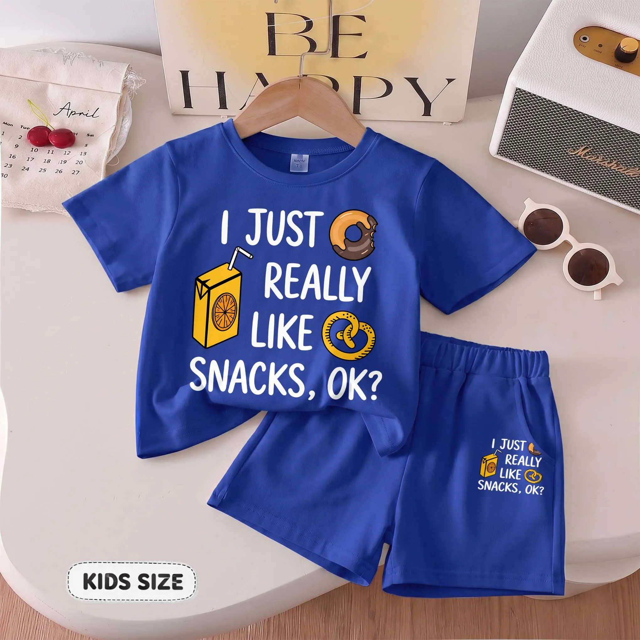 Boys' 2-Piece Crew Neck Short Sleeve Top & Shorts Set - "I Just Really Like Snacks, Ok?" Cartoon Print, Breathable Soft Fabric, Kids Outdoor Play, Casual Clean Look Summer Kids' Clothing, Elastic Waist, Children’s Sizes