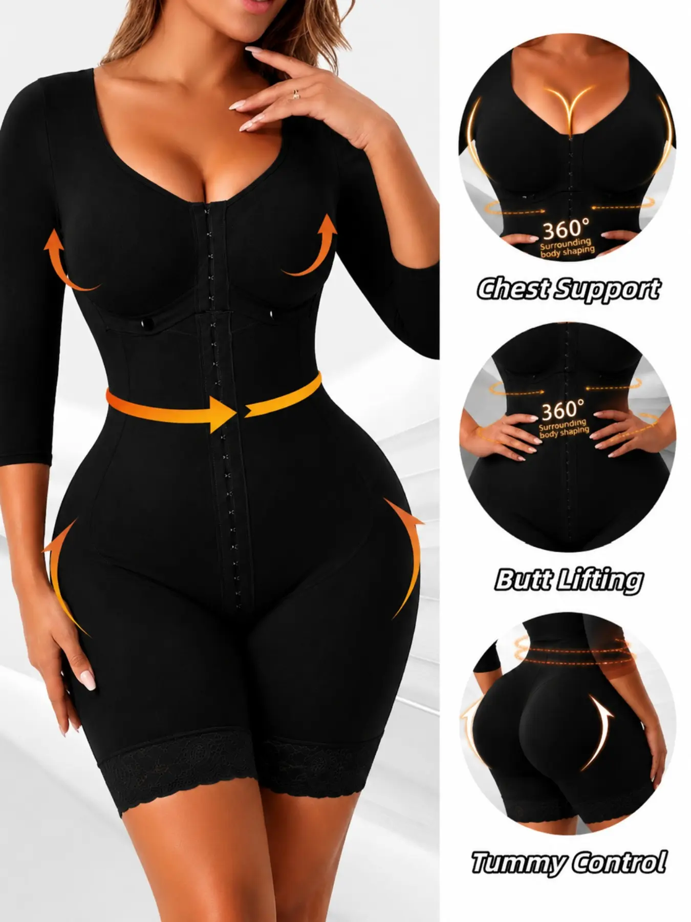 1 Count Women's Long Sleeve Shapewear Bodysuit, Fajas, Front Button Design, Butt Lifting And Tummy Control Tight-Fitting Bodysuit, Fall Winter Fashion Shapewear, Full Body Shaper, Colombian Shapewear, Suitable For Daily, Sport, Yoga