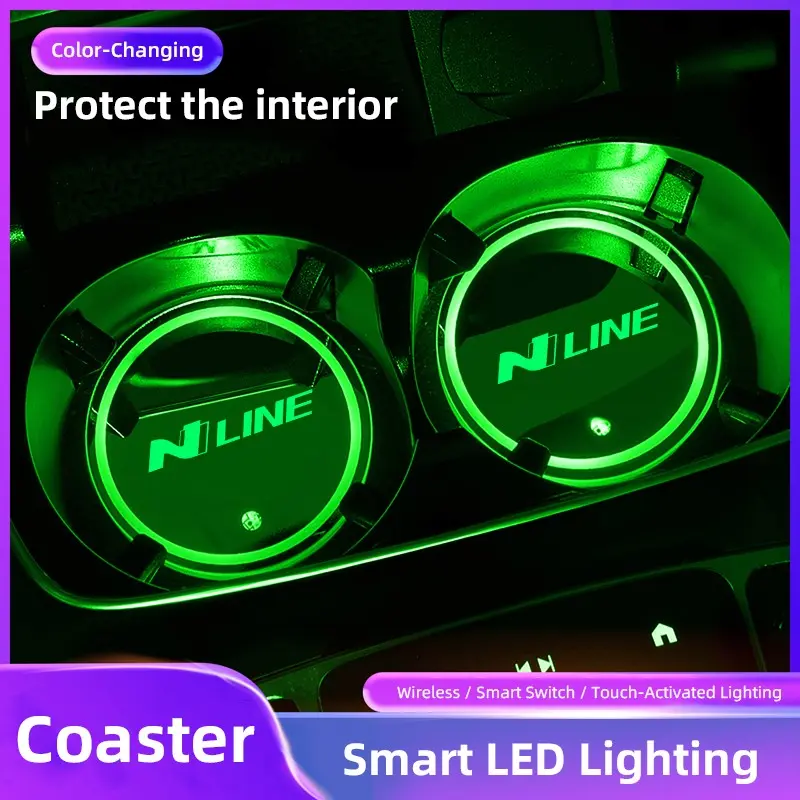 2pcs Car Luminous Water Cup Pad LED Atmosphere Light For Hyundai IONIQ Sonata Elantra SantaFe i30 Palisade Bayon KONA Tucson Stargazer Staria, Car Accessory