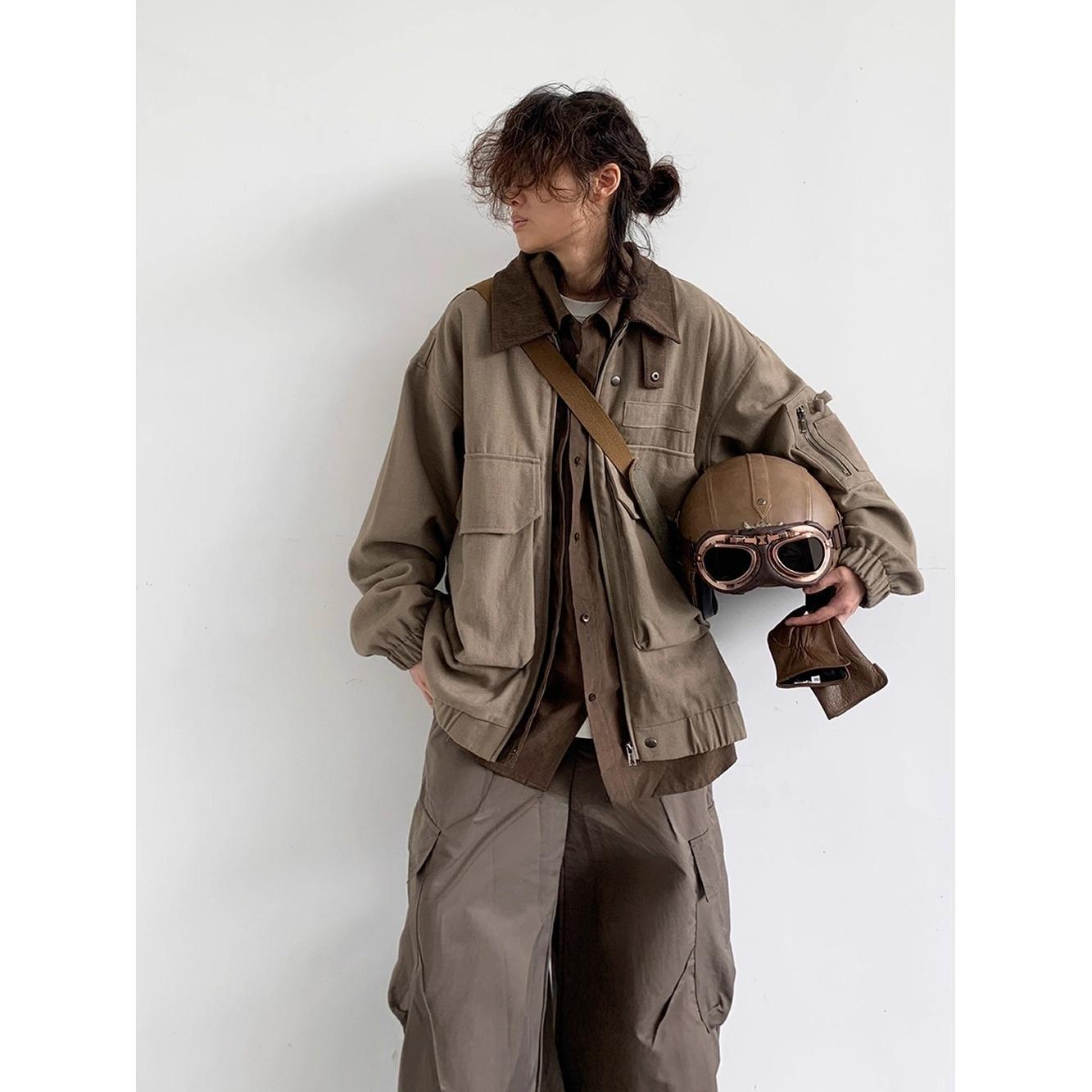 BIGWIG Unisex Japanese Retro Multi-Pocket Lapel Work Jacket & Matching Shirt, Loose Fit Versatile Wasteland Style Outfit for Men & Women