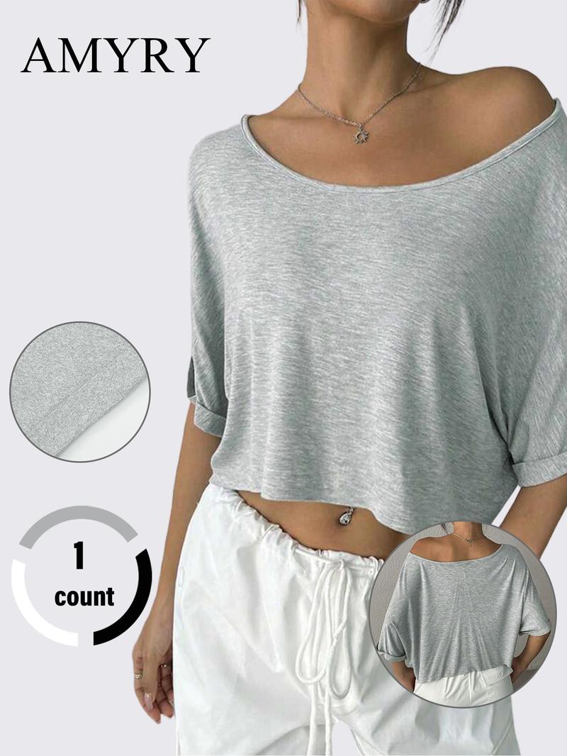 Women's Solid Color Tee, Casual Half Sleeve T-Shirt for Daily Wear, Ladies Clothes for All Seasons