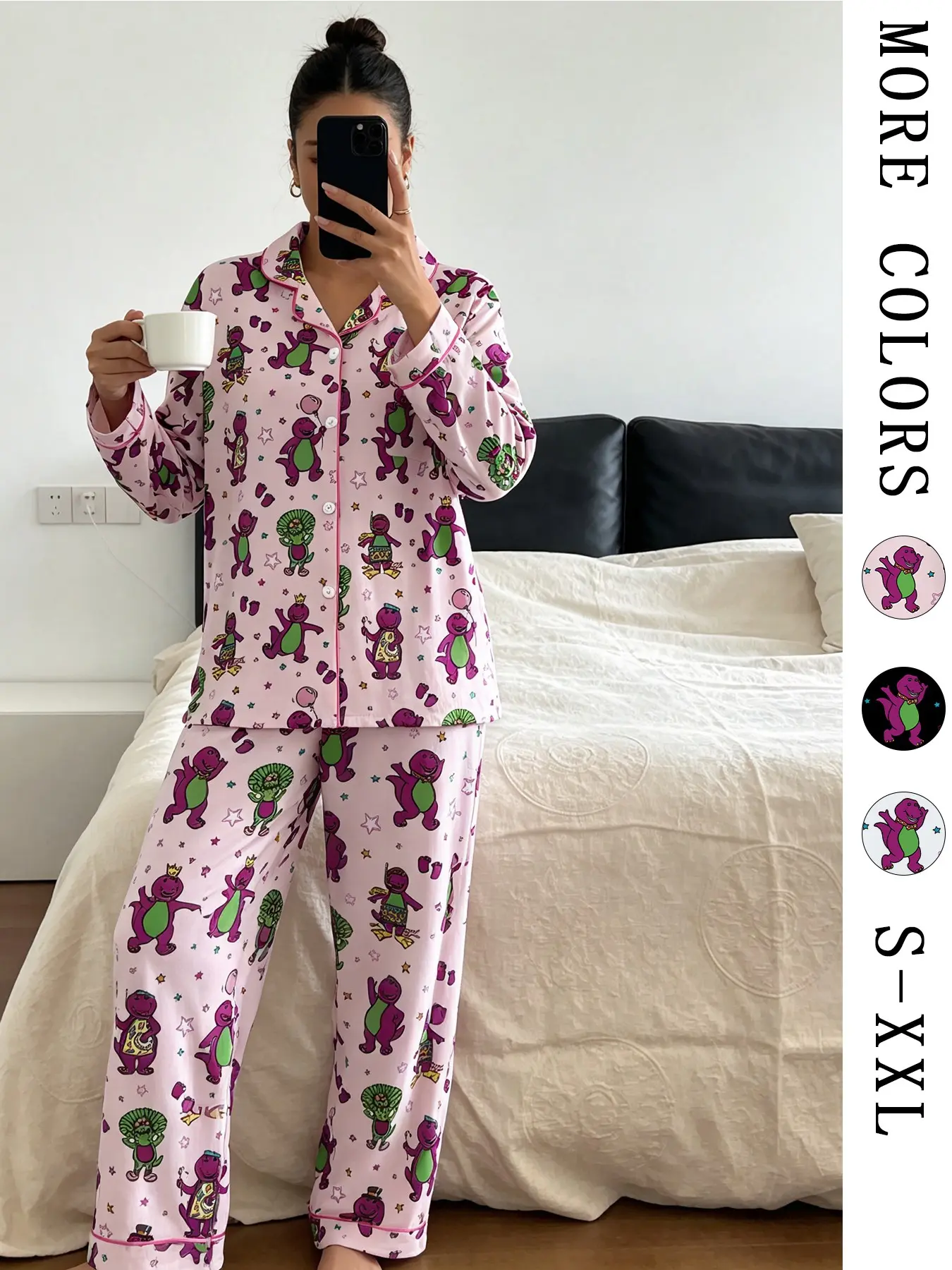 Women's Cute Cartoon Dinosaur Print Pajama Set, Long Sleeve Button-Down Top & Pants, Soft Home Wear Loungewear, Multicolor Party, Casual Sleepwear