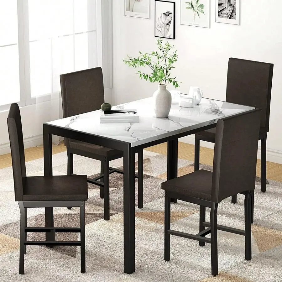 5-Piece Rectangular Faux Marble Top Counter Height Dining Set with 4 Upholstered PU Leather Chairs, Indoor Furniture Set for Small Spaces, Home Breakfast Nook, Four Chairs