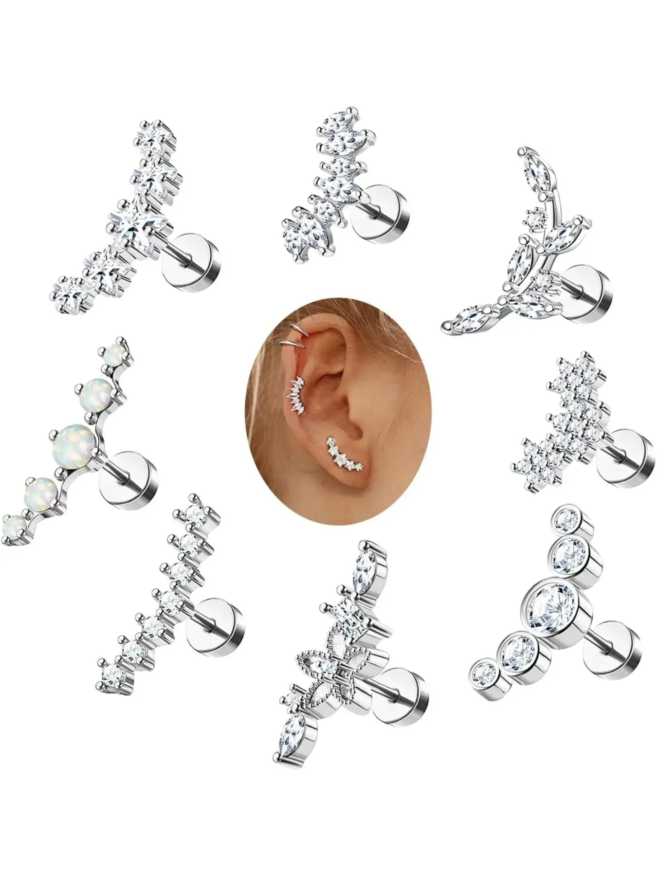 8pcs 16g Cartilage Earrings, Stainless Steel Star Flower Opal Cz Helix, Flat Back Cartilage Helix Conch Piercing Jewelry Body Jewellery for Women
