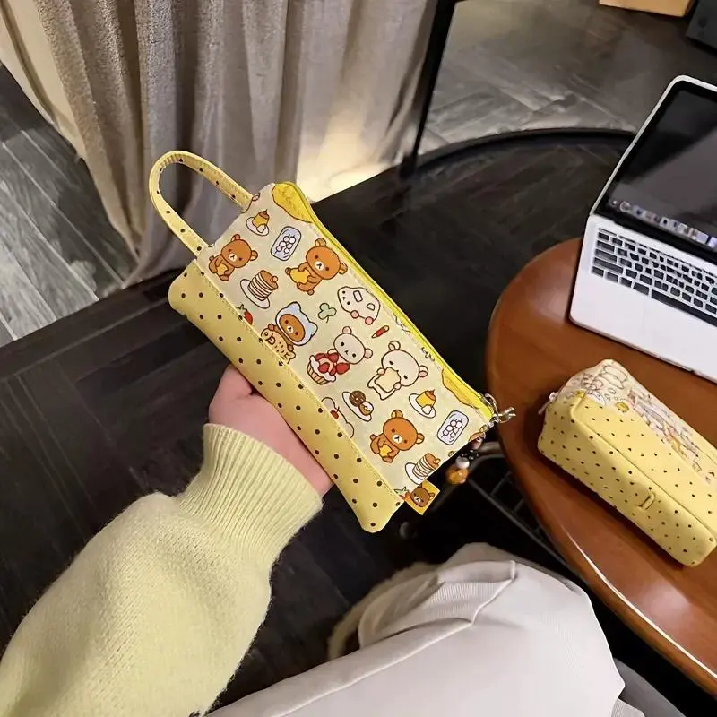 Cute Rilakkuma Canvas Pencil Case Large Capacity Zipper Stationery Bag Ins Style Coin Purse Card Holder Student Makeup Organizer