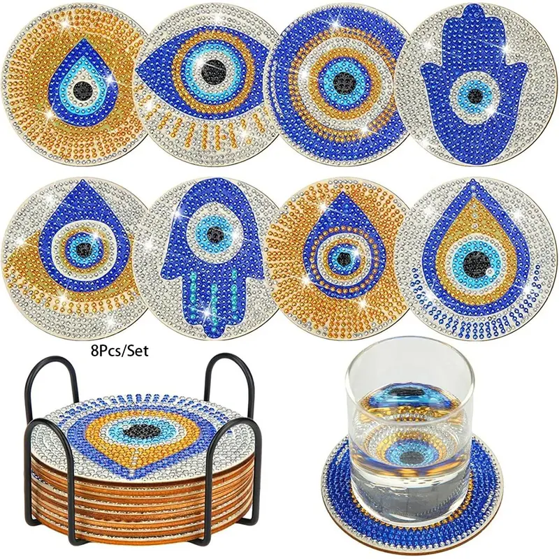 8-Piece Diamond Painted Coaster Set Eye Pattern (with Stand), DIY Diamond Art Craft Kit for Beginners, Home Decor Gift, Diamond Painting Coasters