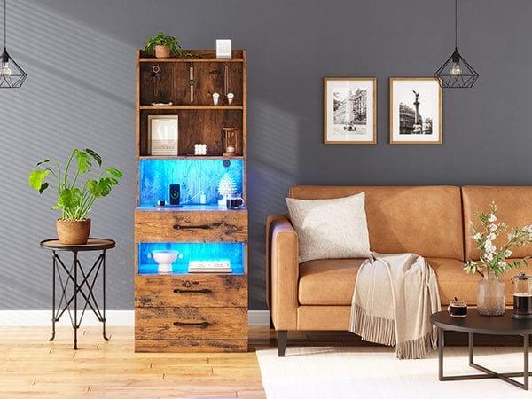 Sikaic LED Tall Nightstand with Bookshelf Brown Multifunctional Console Table Modern Corner Vanity Modern Furniture