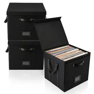 Set of 3 Vinyl Record Storage Box, 13 Inch Organizer with Lid, Non-Woven Stackable Record Holder with Handles, Record Album Storage for Vinyl Records