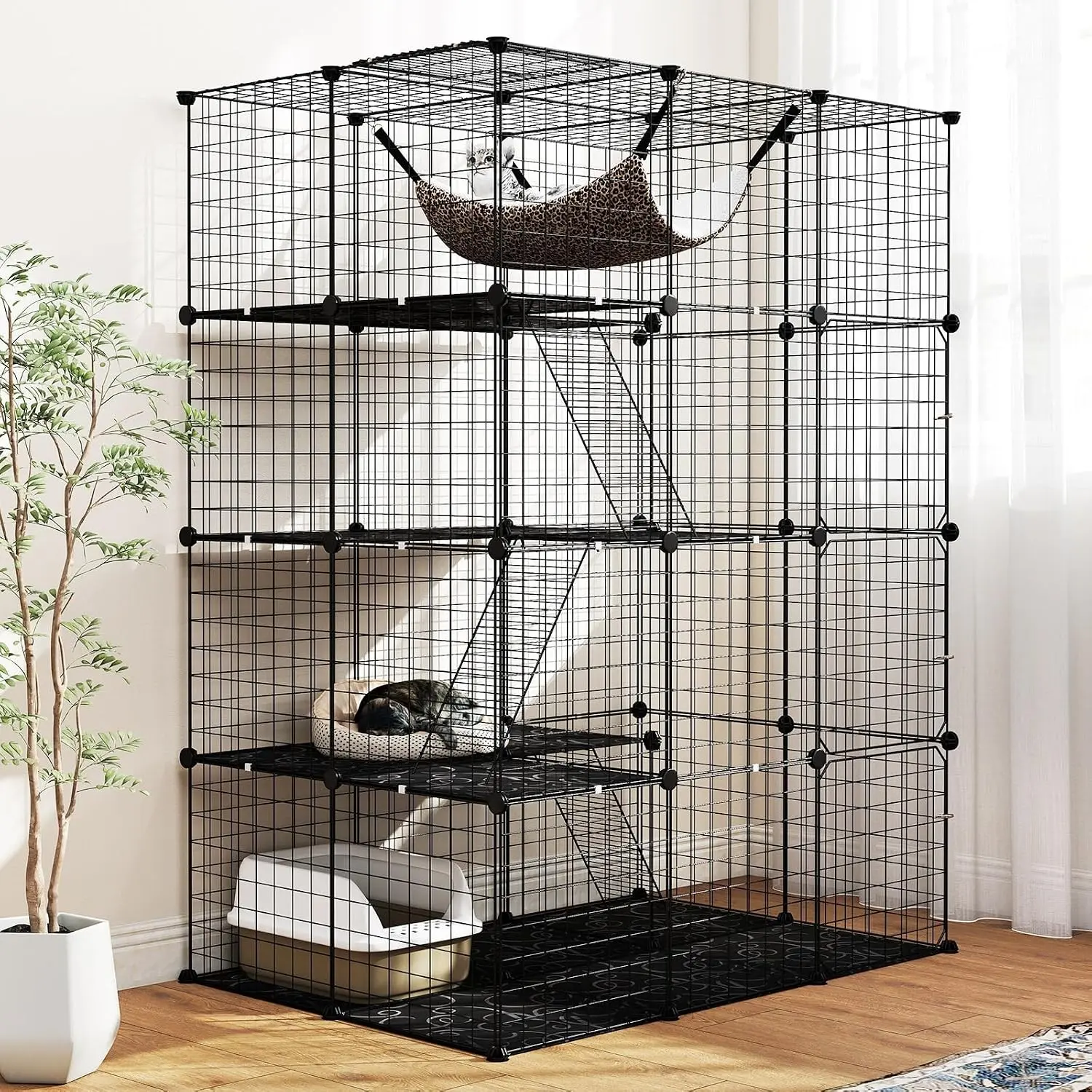 Indoor 56" Large 4-Tier Cat Cages, Cat Enclosure with Skylight, Hammock, 3 Ladders, Detachable Metal Wire Kennel with 4 Lockable Doors, DIY Cat Crate & Pet Playpen Catio for 1-4 Cats