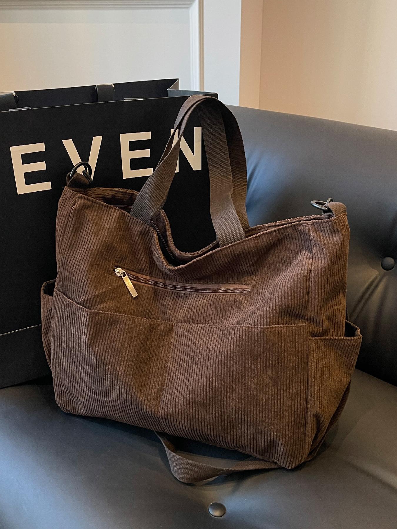 Trendy Corduroy Tote Bag, Women's Solid Color Large-Capacity Durable Shoulder Bag for Daily Use, Casual Matching School Bag for Outdoor Activities