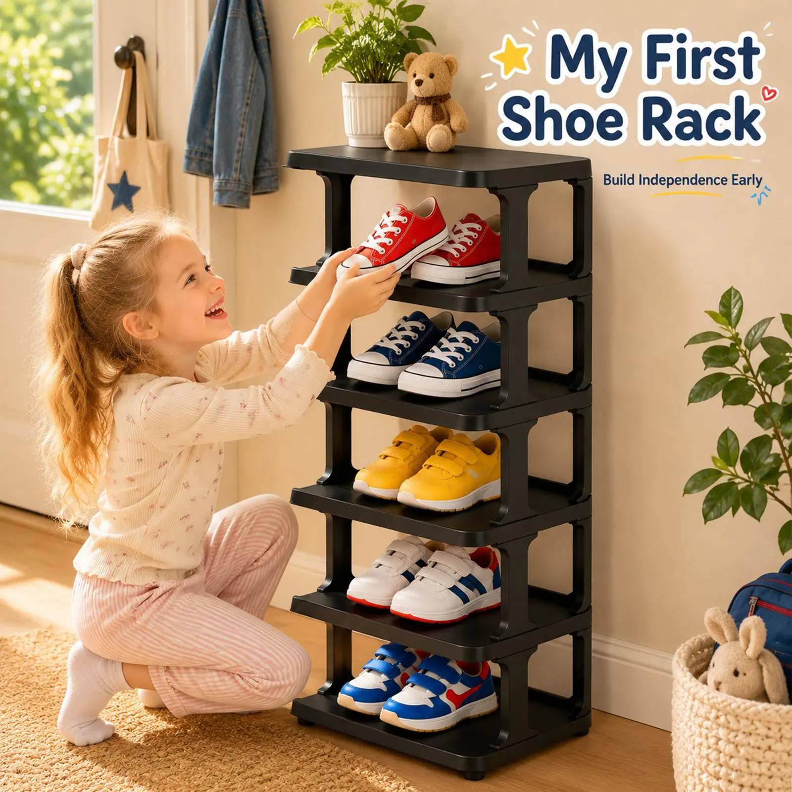DIY Black Stable Narrow Shoe Rack, Children's Shoe Rack 6 Tier / 9 Tier Vertical Shoe Organizer, Black Stackable Shelf for Entryway Boots & Daily Shoes Storage