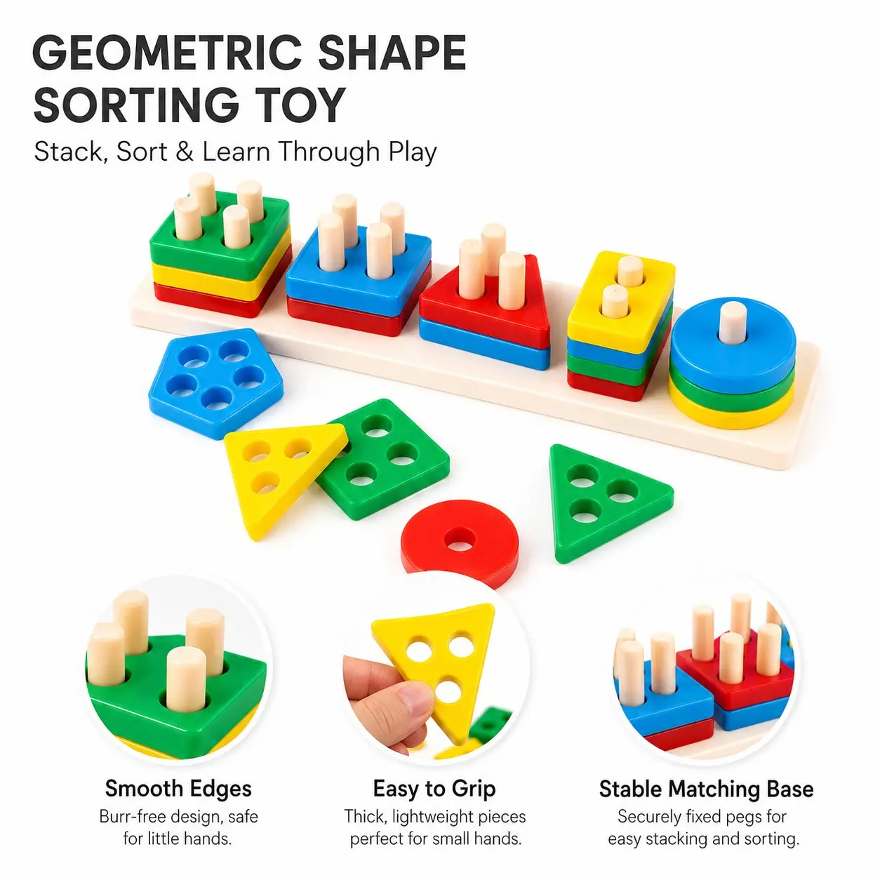 Colorful Geometric Puzzle Game Shape Sorter, Stack, Sort, Count, Place Correctly, Educational Toy for Kids, Fun Learning Activity