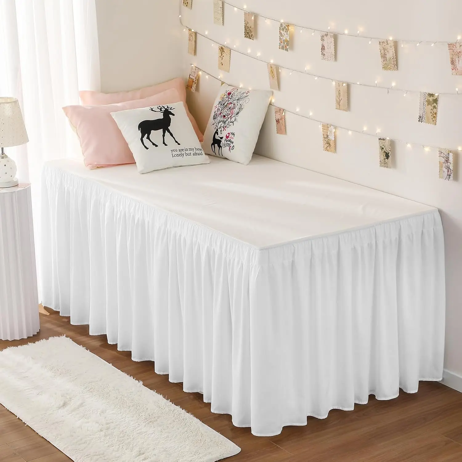 Dorm Bed Skirt Twin XL 32 Inch Drop, Easy to Install Long Wrap Around Elastic Dust Ruffle, White Bedskirt Machine Washable, Bedroom Decor