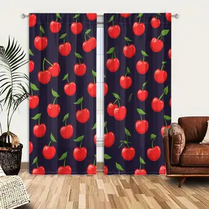 2pcs Window Curtains, A seamless pattern of bright red cherries with green stems and leaves is spread across a dark purple background, creating a vibrant, fruity design.Window Drapes for Bedroom Living Room, Rod Pocket Window Treatment