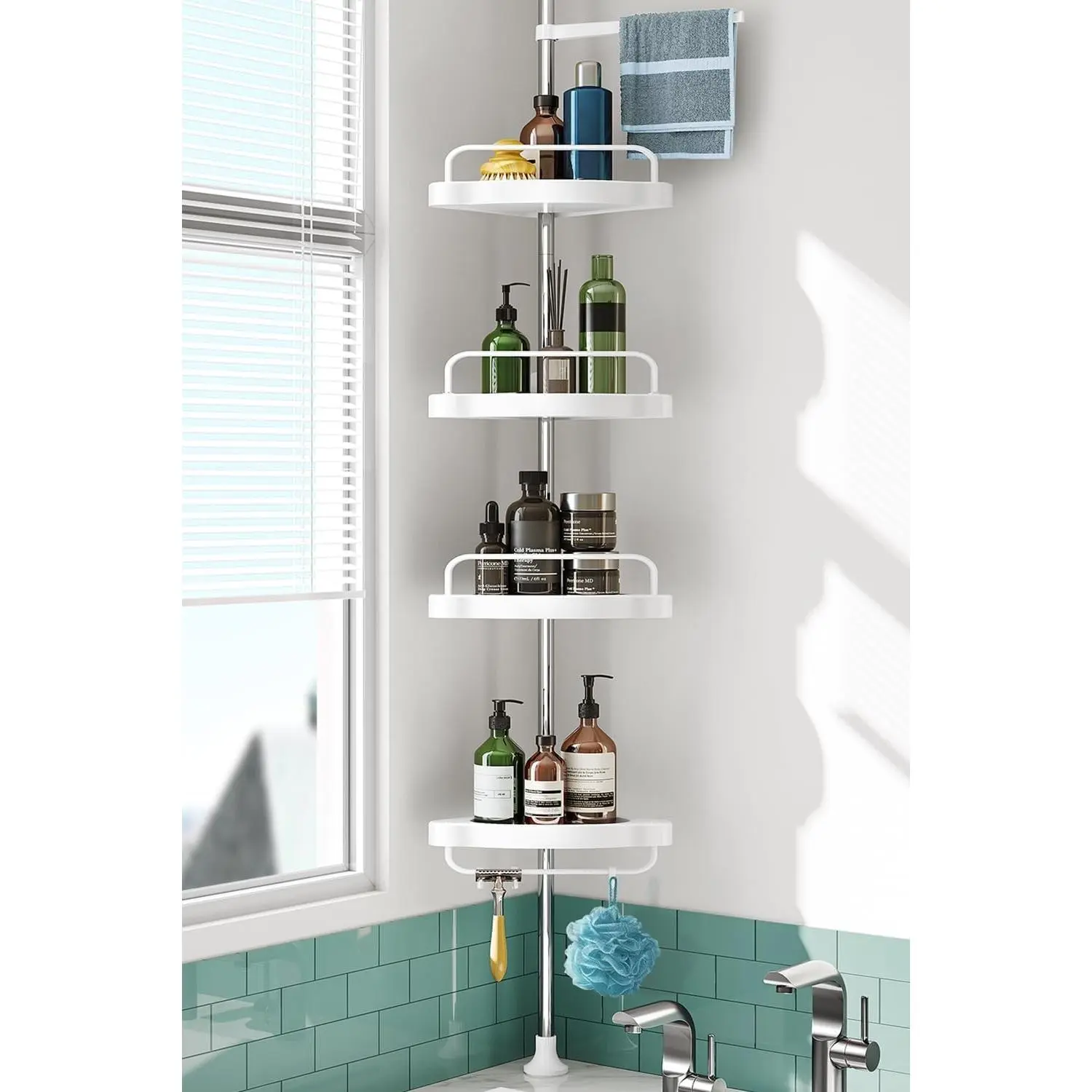 Corner Shower Caddy Tension Pole Rust Proof 4-Tier Shampoo Storage Organizer for Inside Shower, Telescoping Rod Shower Rack for Bathroom Bathtub, Floor Standing Bath Rack Holder