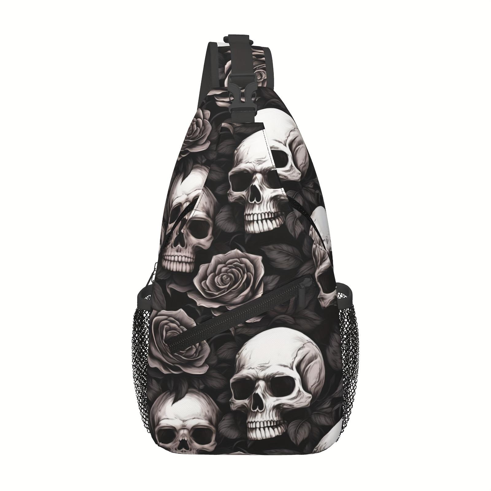 A Versatile Crossbody Chest Bag Designed for Hiking, Featuring a Skull  White Roses Pattern. This Folding Backpack Offers Ample Storage  Is Stylishly Durable, Suitable for Shopping, Work, Travel, Beach Outings, Fishing, Halloween, School and