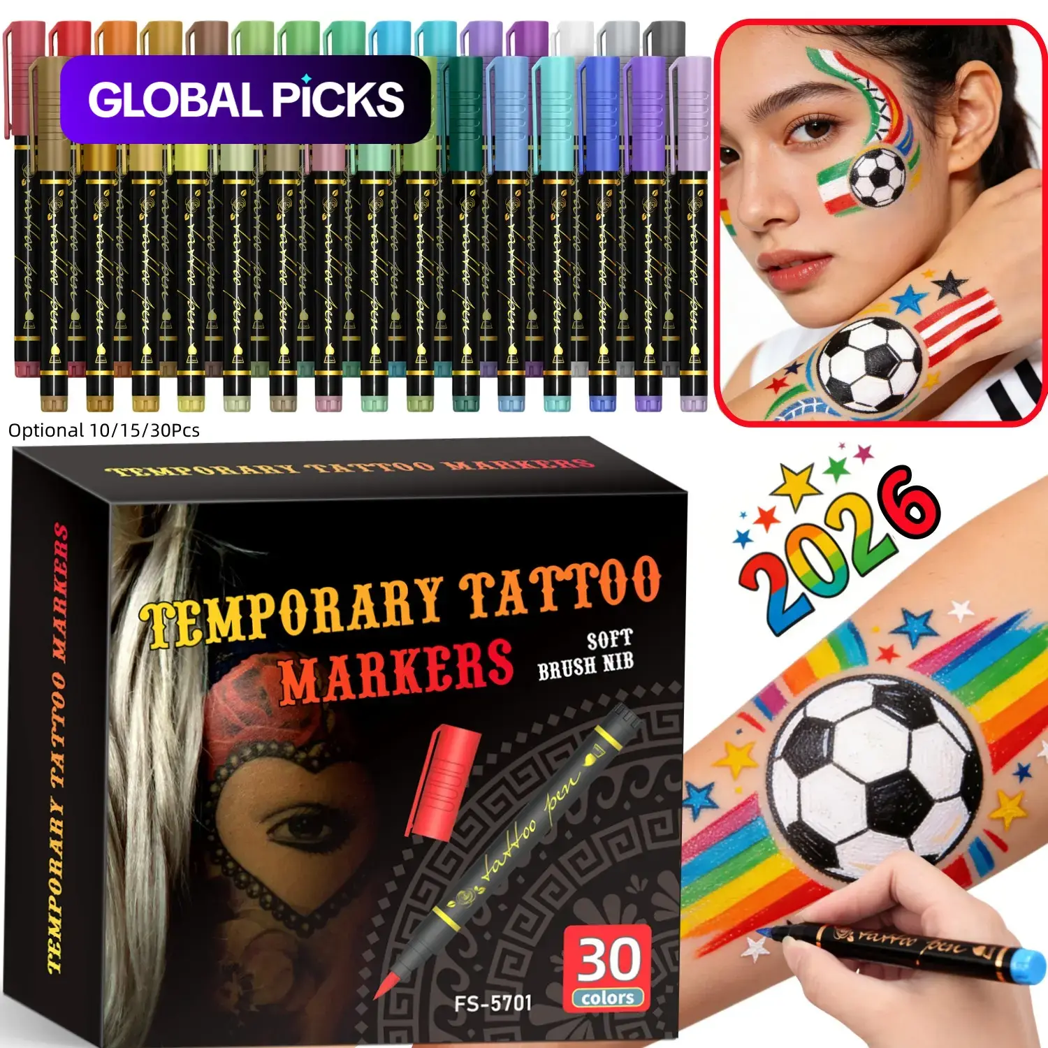 Temporary Tattoo Markers for Skin, 10/15/30-Count Body Markers 10/15/30 Colors Tattoo Pens, Tattoo Stencils, Body Art, Flexible Brush Tip, Bright colors, High Pigment, Face Paint Kit Cosmetic Quality,Halloween makeup, Trending Makeup