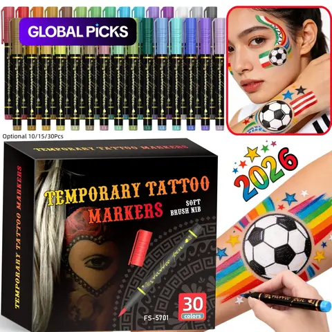 Temporary Tattoo Markers for Skin, 10/15/30-Count Body Markers 10/15/30 Colors Tattoo Pens, Tattoo Stencils, Body Art, Flexible Brush Tip, Bright colors, High Pigment, Face Paint Kit Cosmetic Quality,Halloween makeup, Trending Makeup #GLOBAL PICKS