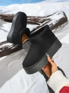 Height Boost Round Toe Fluffy Platform Snow Boots, Roomy Toe Box, Eye-Catching Travel Winter Booties