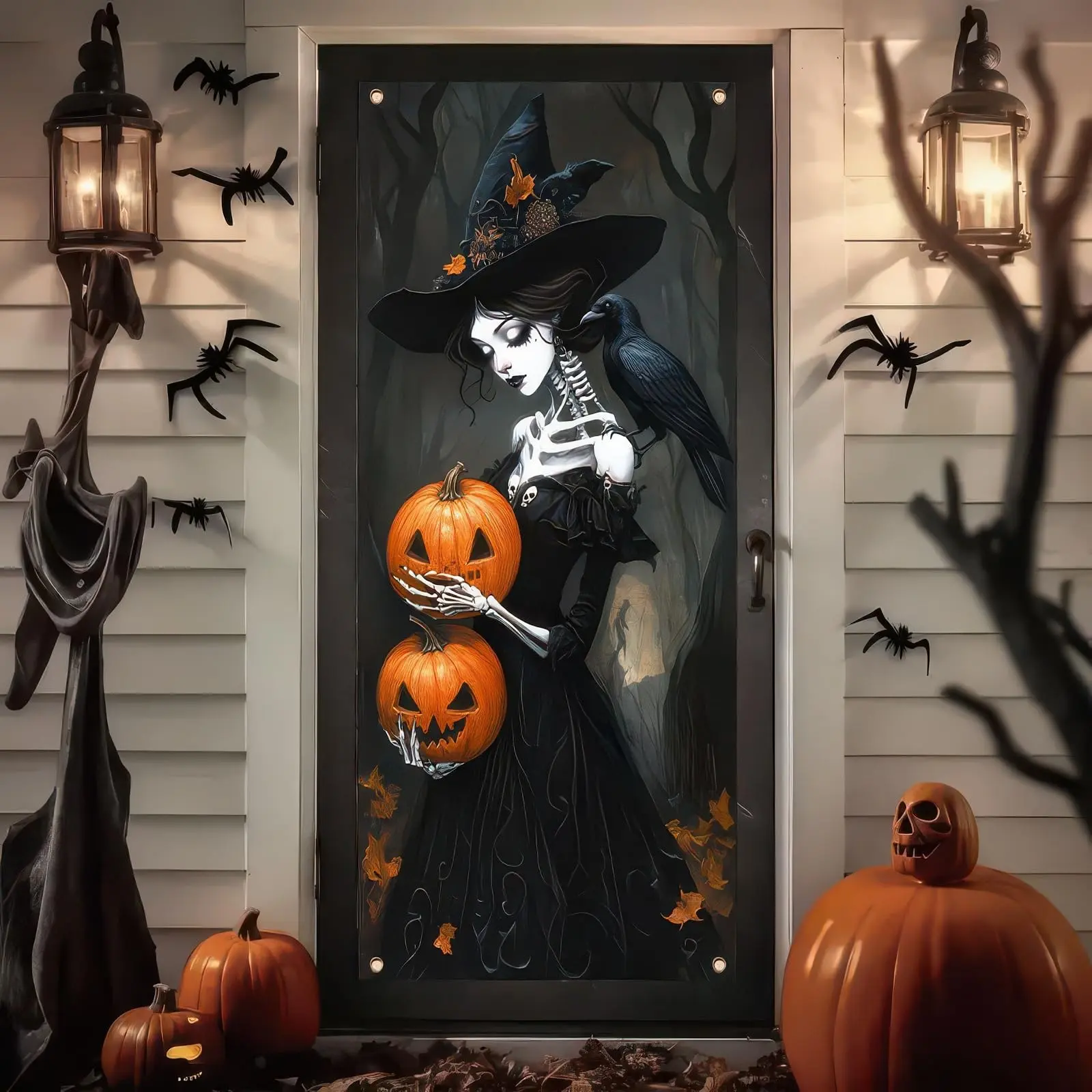 Halloween Door Banner, Pumpkin Skull Witch Design, Gothic Haunted House Decor, Front Door Wall Party Photo Background, 1pc Flat Banner